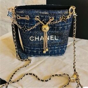 Chanel Beaute VIP Gift Bucket Blue Tweed Chain Strap Crossbody Purse
NEW